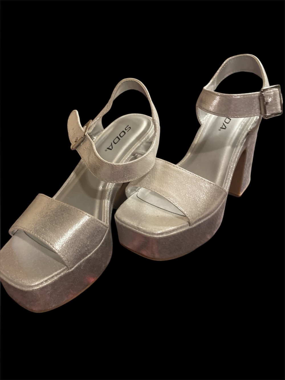 Soda Metallic Silver Platform Block Heel Sandals. never worn